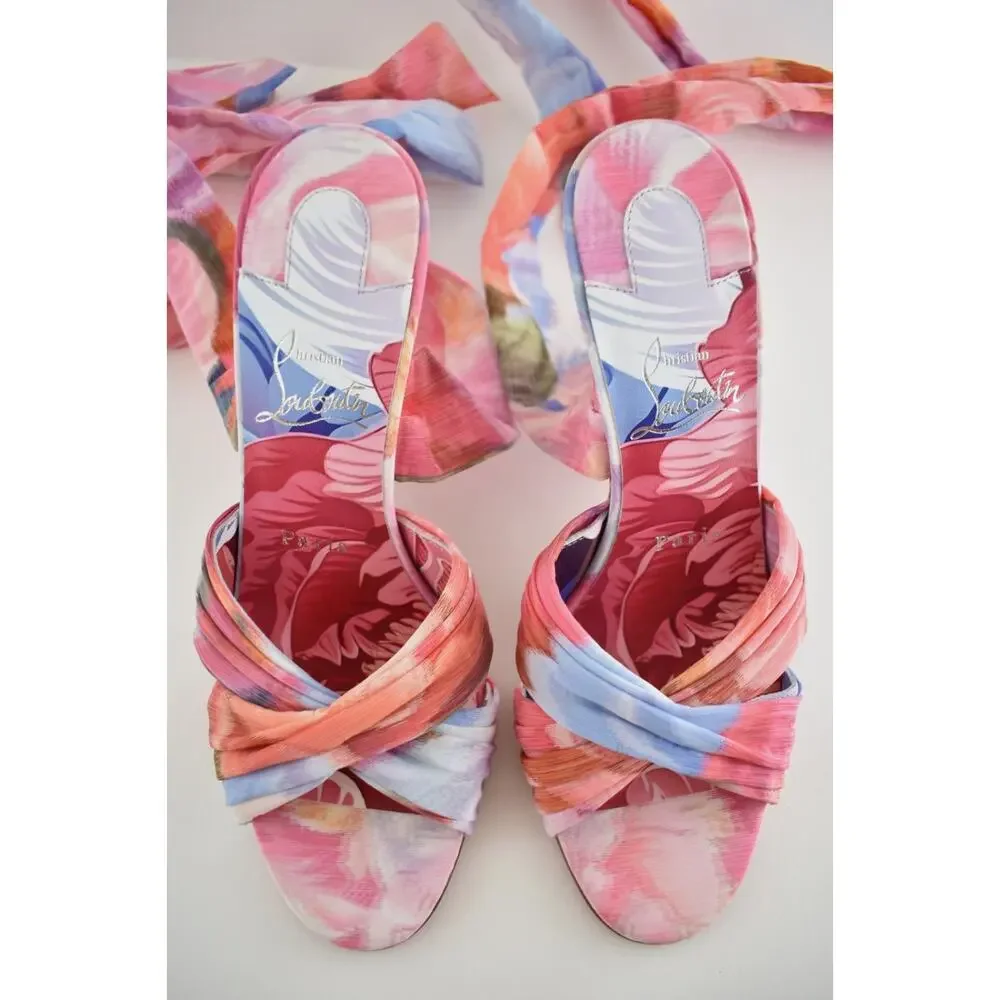 Christian Louboutin Affabula Lace Up 100 Pink Floral Tie Sandal Heel Pump 37